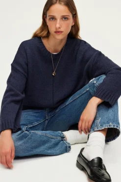 Pull col rond en laine mélangée marine - JOSSIA | Pablo New